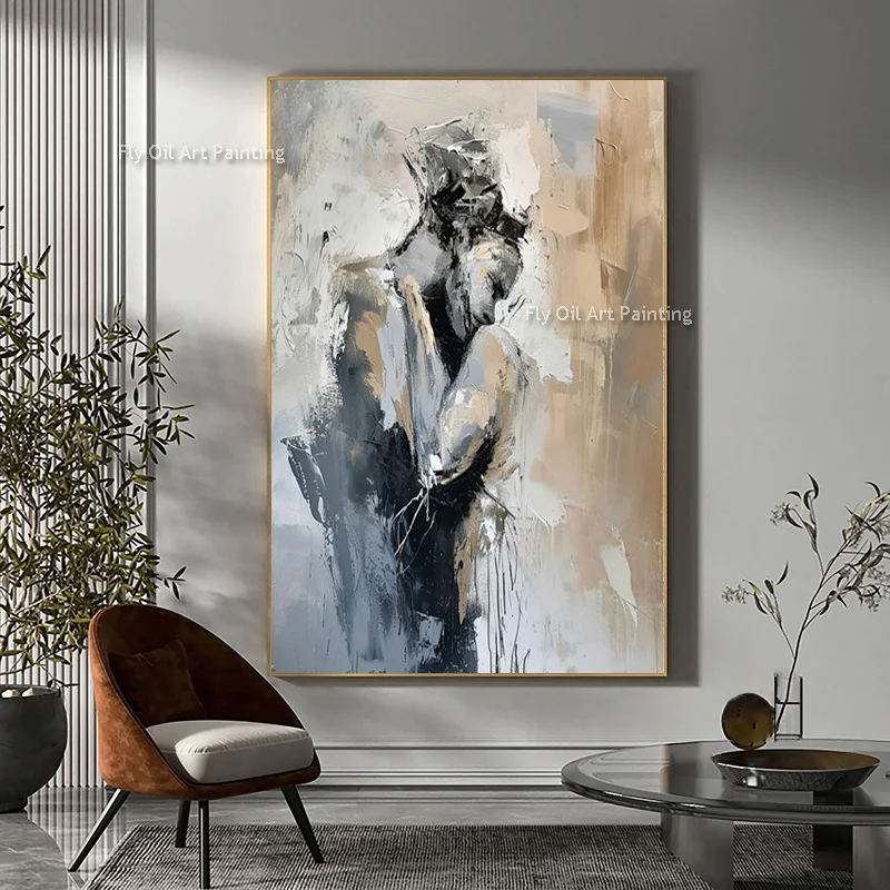 Handmade Lovers Oil Painting Male Female Embrace Art Sensual Couple Canvas Painting  Modern Wall Art For Living Room Home  Decor