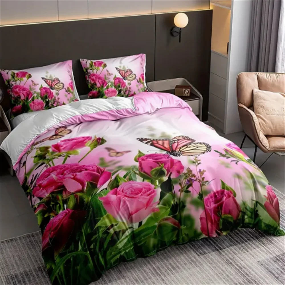 3-Piece Luxurious Pink Rose Butterfly Digital Print Duvet Cover Set - Ultra Soft, Comfortable, and Vibrant Design for Bedroom