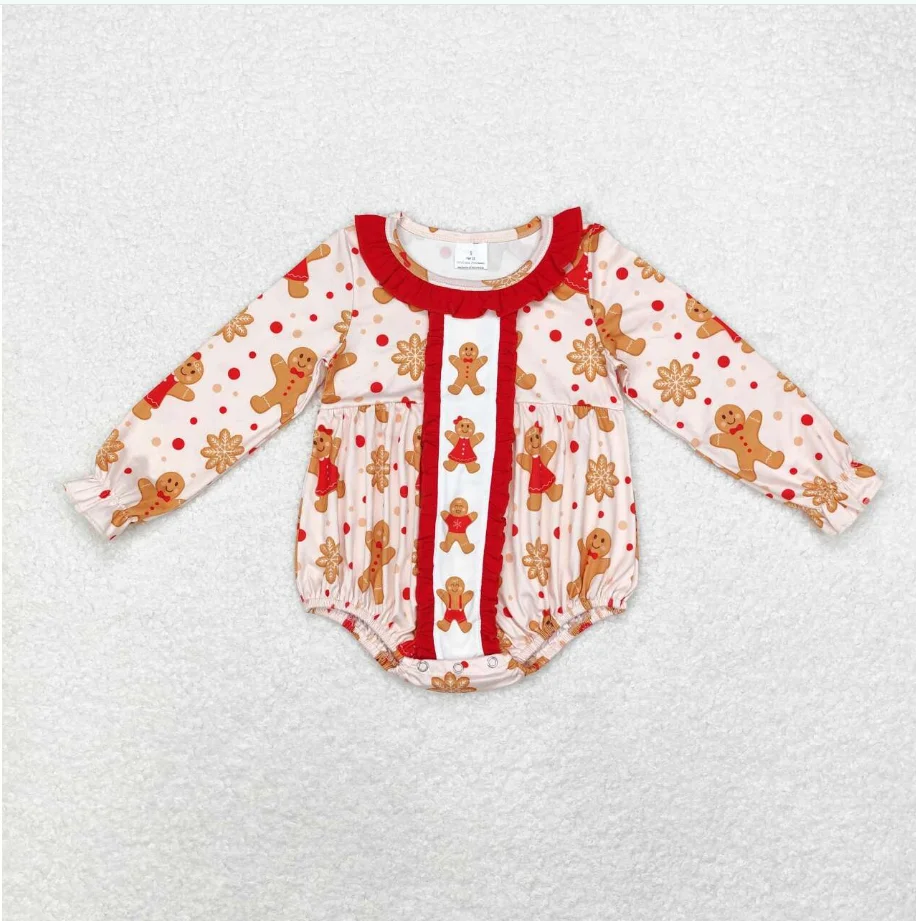 

Red Ruffle Collar And Chest Onsies LR1583 Gingerbread Print Baby Girls Christmas Romper