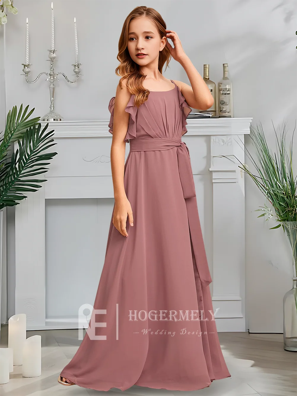 Robe de demoiselle d'honneur luxueuse à col carré pour filles, robe à fleurs de lavande crépuscule, ligne a, en mousseline de soie, longueur au sol, Gala de jardin