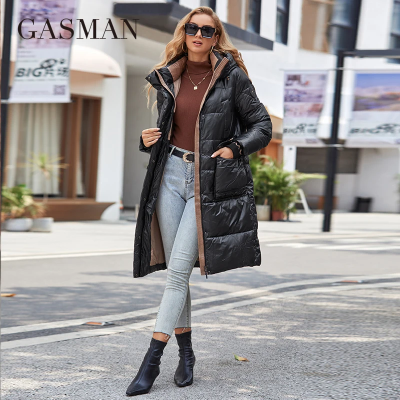 Gasman 2022 mulheres para baixo jaqueta longa clássico zipper design grande carrinho de bolso colarinho com capuz casaco fino mulheres parkas