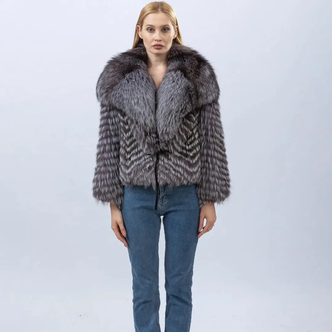 Royal Blue Natural Silver Fox Fur Jacket with Big Turn-down Collar Winter New Genuine Leather Fox Fur Coats Short Outwear