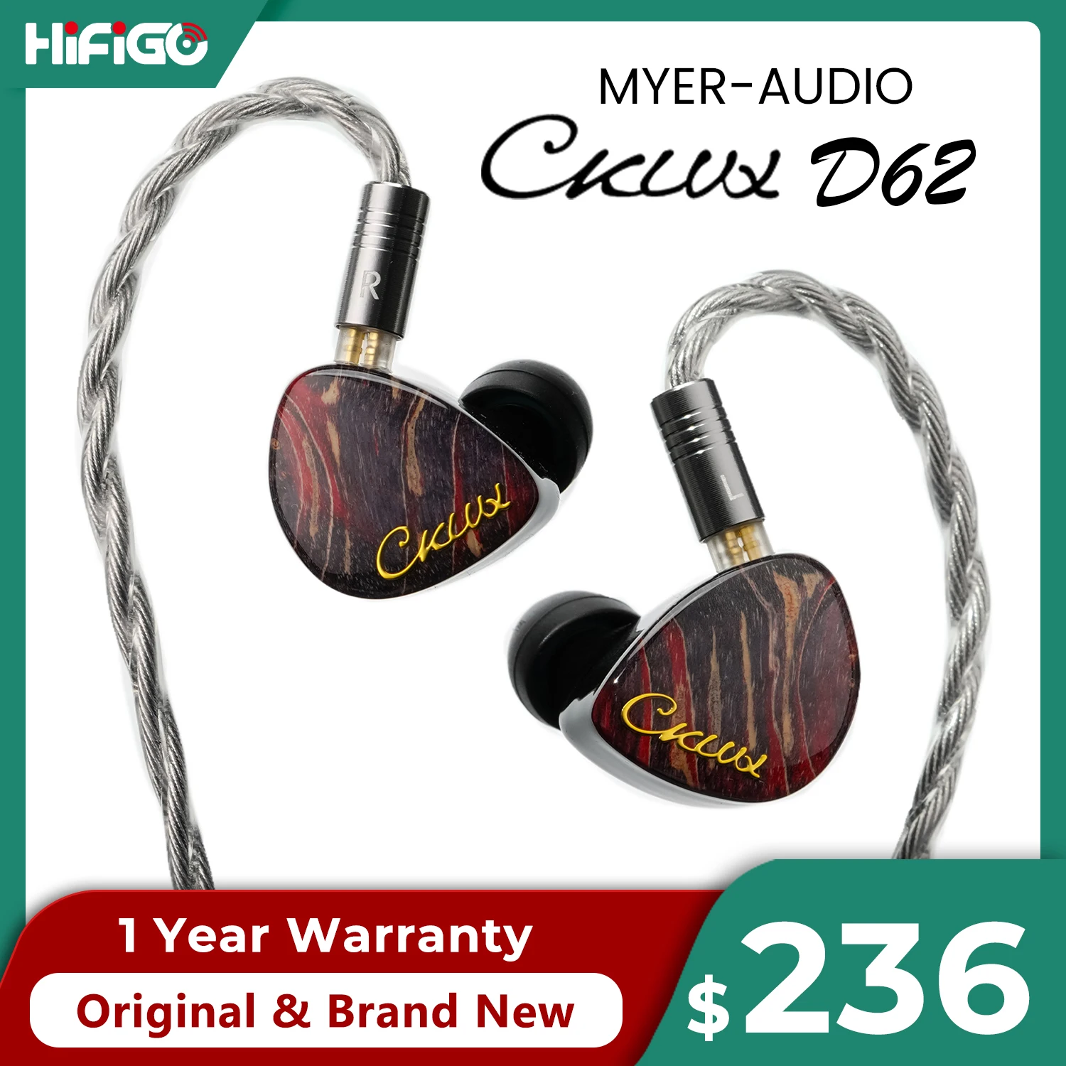 MYER-AUDIO CKLVX D62 2DD + 6BA Drivers híbridos Fones de ouvido intra-auriculares com cabo em forma de L substituível de 3,5 mm + 4,4 mm