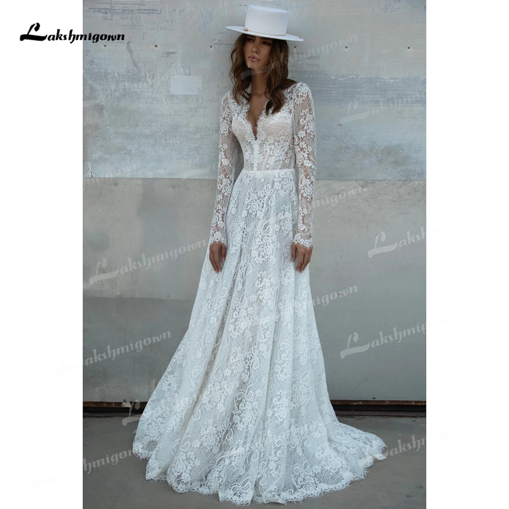 

Elegant V Neck Long Sleeve Back Button Full Lace A Line Wedding Dress Luxury 2025 Customized Bridal Gown vestidos de novia robe