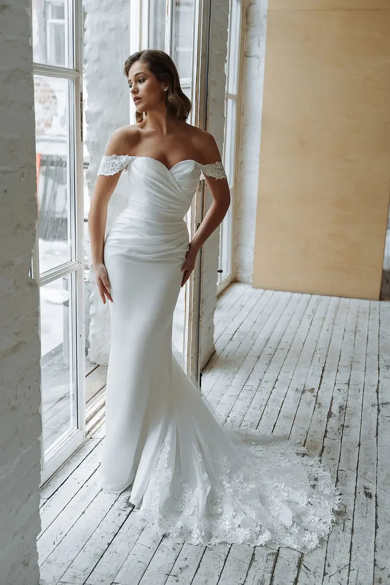 

Sweetheart Off The Sleeve Pleat Satin Mermaid Wedding Dresses Brush Train Lace Bridal Gowns Beach Bridal Gown Custom Made To Mea