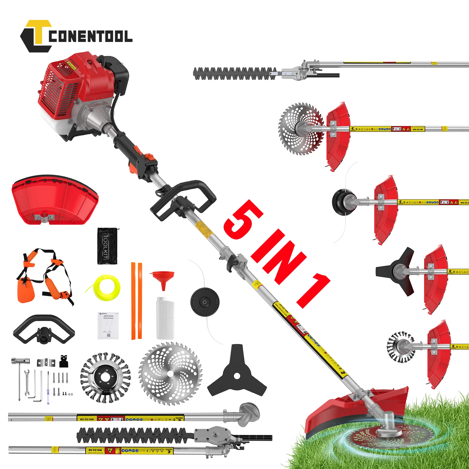 CONENTOOL 5-in-1 2-Takt-Motor 52CC Benzin-Rasenmäher und Trimmer 11000 U/min 6-in-1 Benzin-Heckenschere Kettensäge Astschere