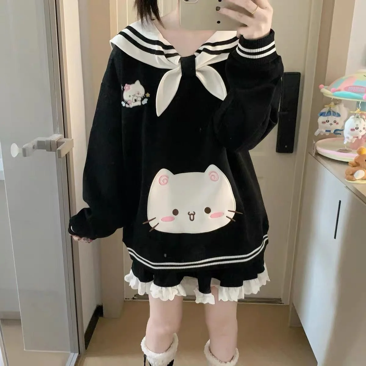 

Kimotimo японский милый мультяшный принт с матросским воротником лоскутная толстовка женская осенняя зима свободные топы с длинными рукавами Kawaii толстовка