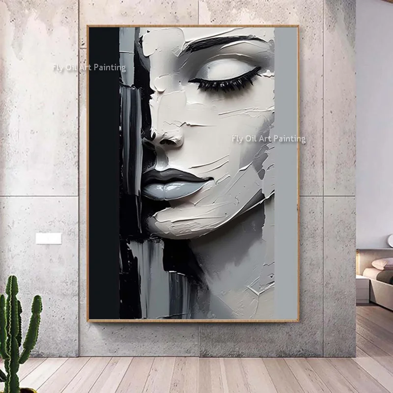 Sleeping Beauty Handmade Abstract Face Painting Black White Textured Oil Painting Palette Knife Canvas For Art Room Wall Decor