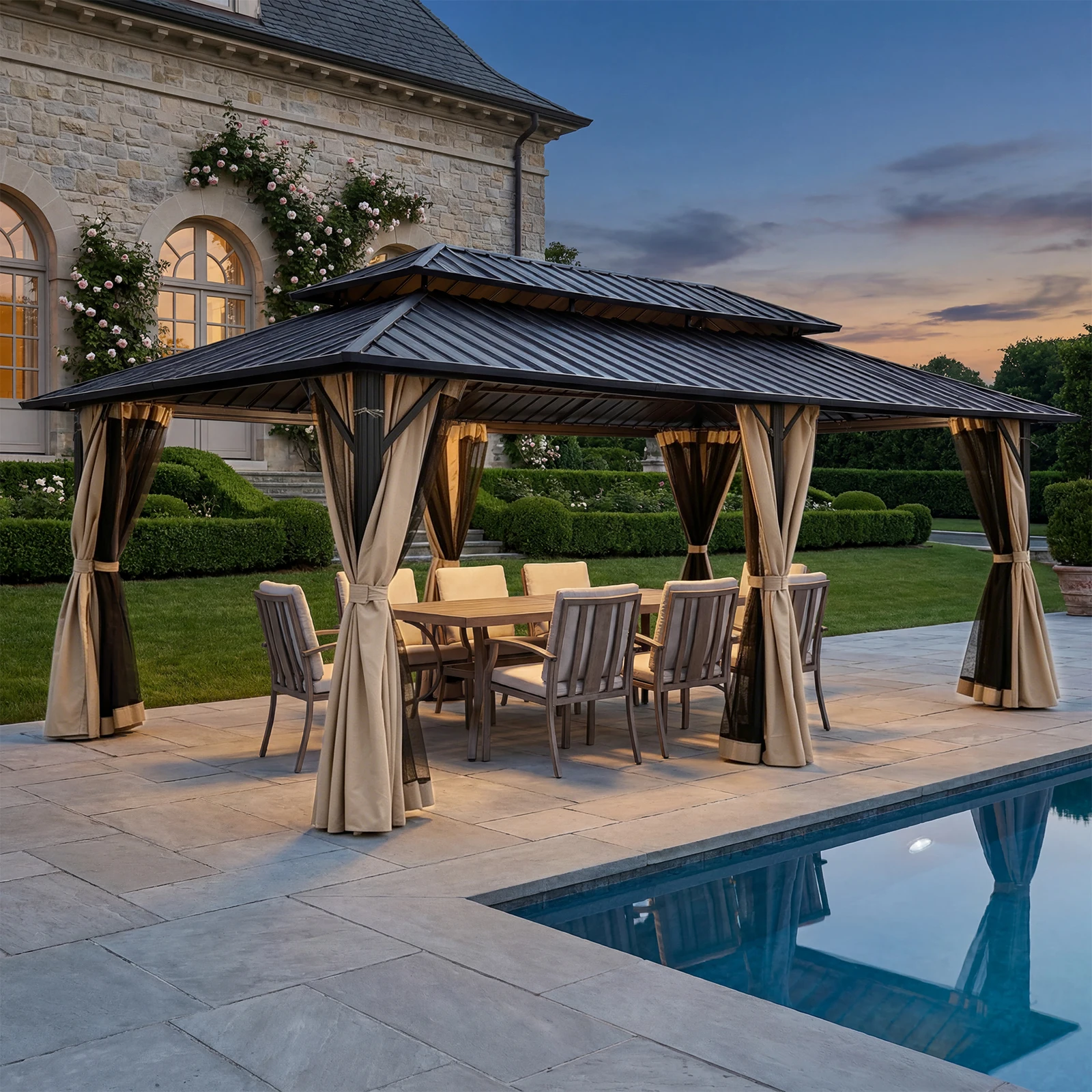 

SeeHill 12' x 20' Hardtop Patio Gazebo with Aluminum Frame, Double Roof Pergola with Mosquito Netting and Privacy Curtains