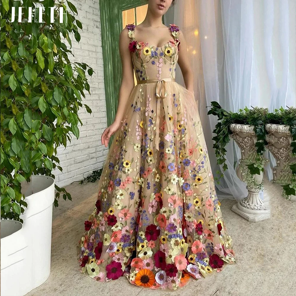 JEHETH Cao Cấp 3D Hoa Dây Voan MỤC VỤ Promise Người Yêu Hở Lưng Chính Thức Dạ Hội Tầng Dài Vestidos De Dạ Tiệc