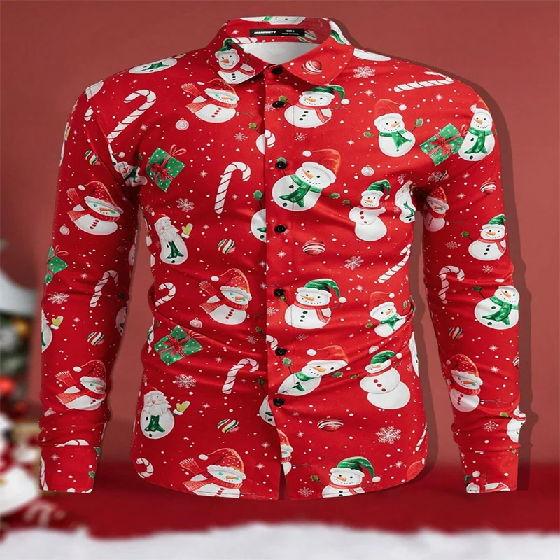 

Christmas men's digital printed loose woven long sleeve button-down shirt, suitable as a gift for boyfriend, fast delivery