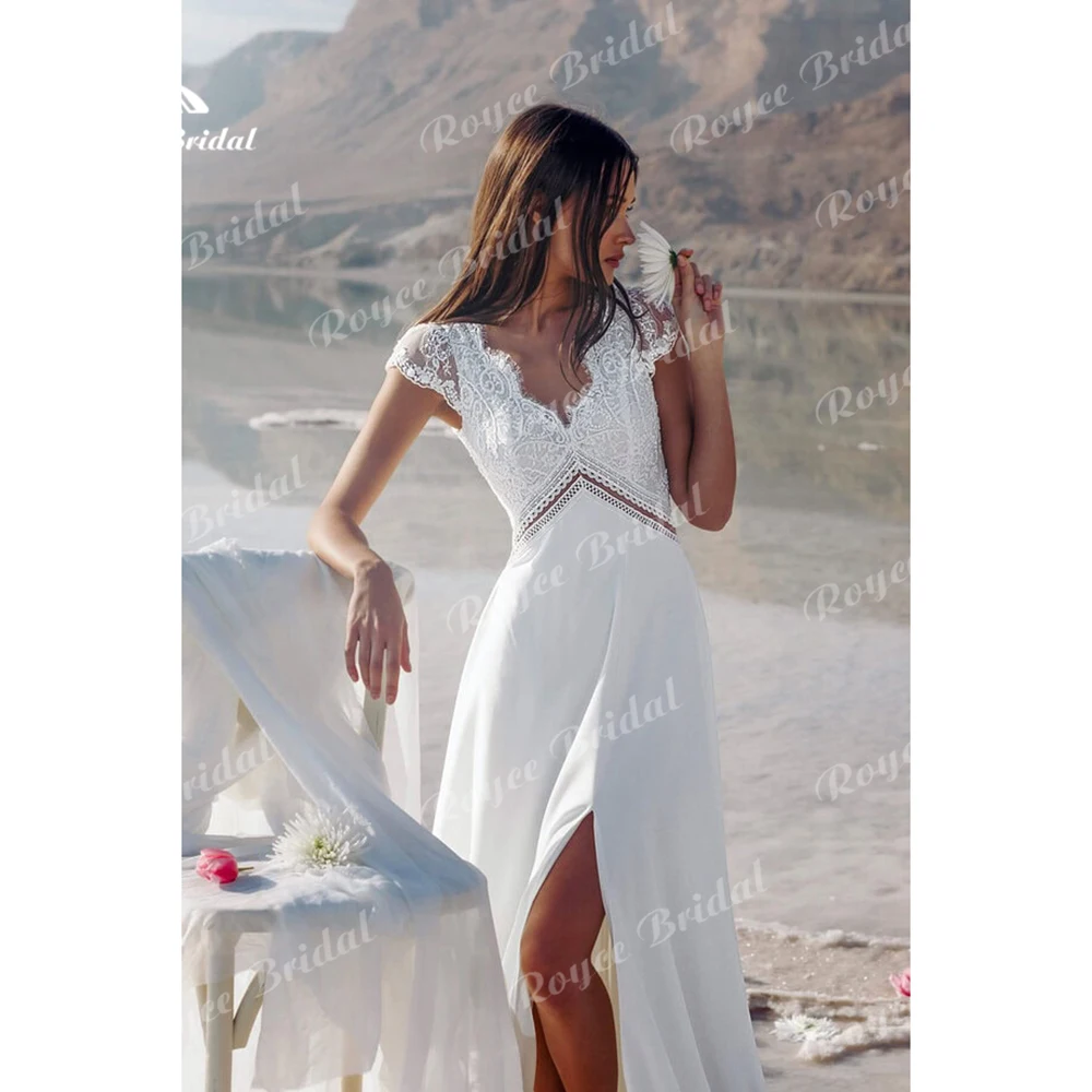 Robe de mariée en mousseline de soie avec col en V pour femme, robe de plage sexy, mancherons courts, dos nu, dentelle, robe trapèze, 2025