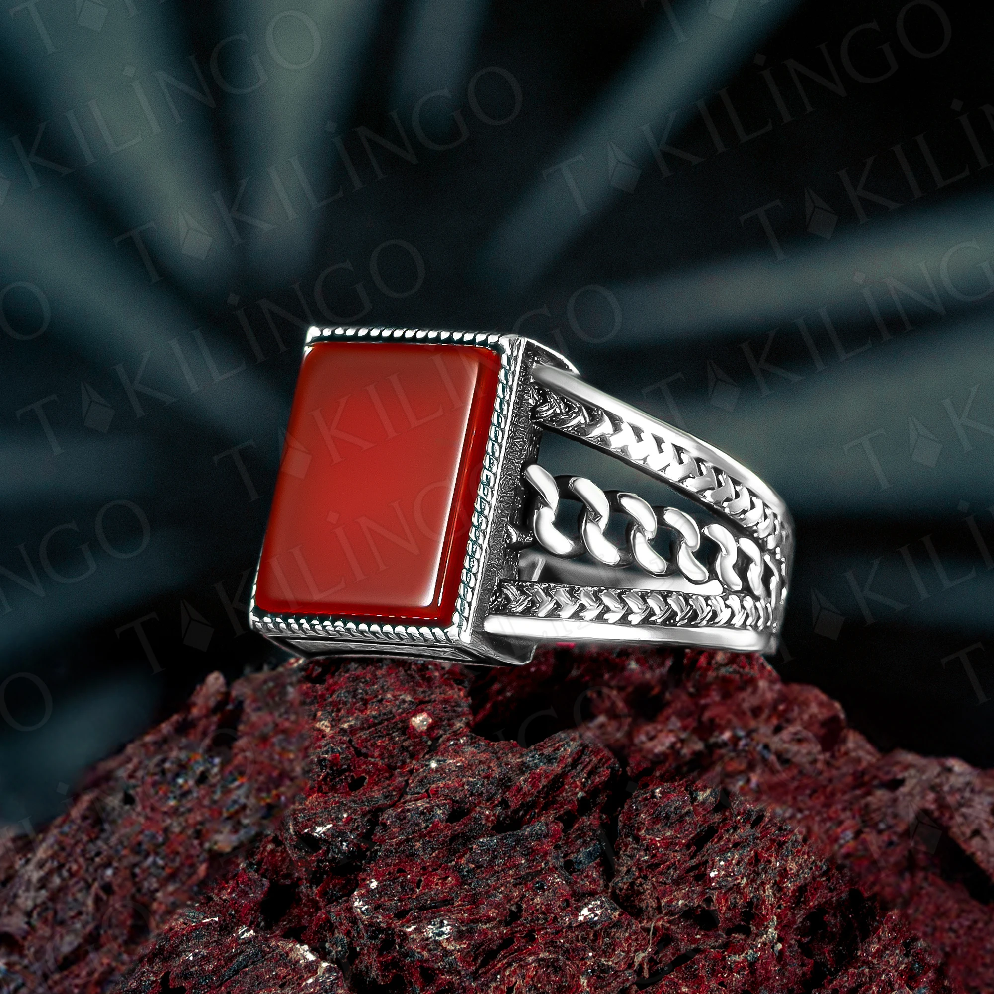 Men Handmade Ring, Red Agate Stone Ring, Silver Aqeeq Rectangle Ring, 925k Sterling Silver Ring, Ottoman Style Ring