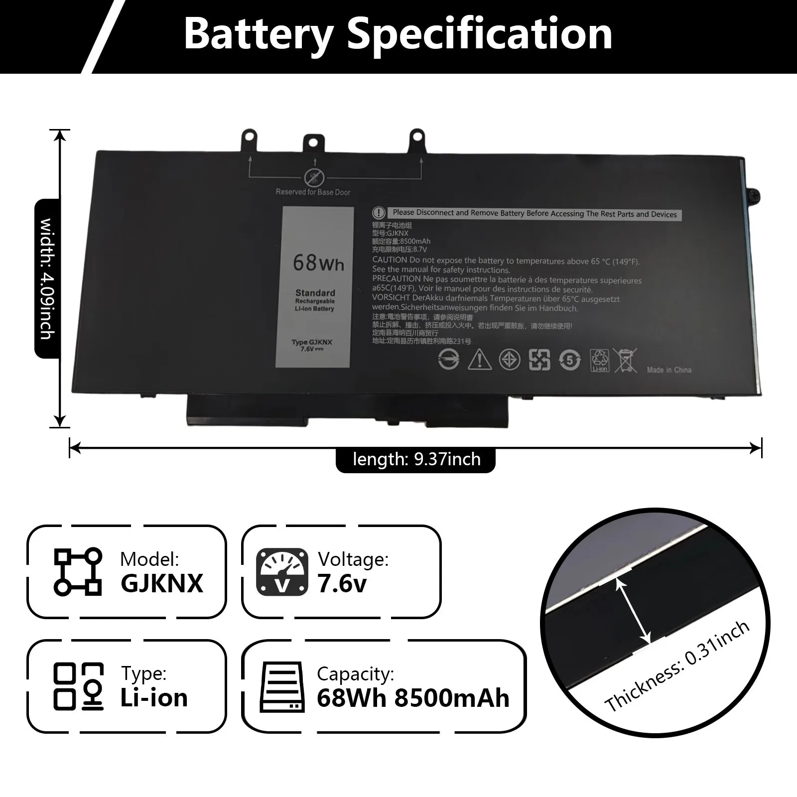 

New GJKNX Laptop Battery For Dell Latitude 5480 5580 5280 5490 5491 5580 5590 5591 battery replacement