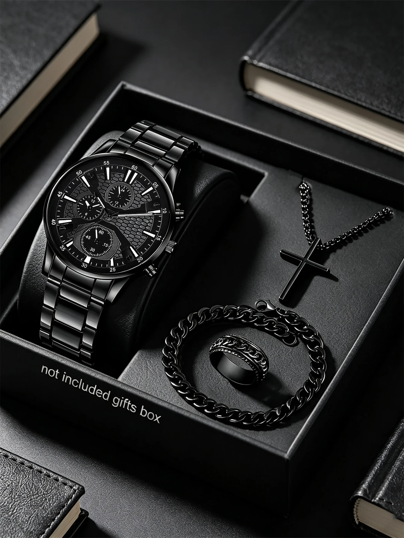 4-Piece Set of Men's Black Quartz Watches with Black Cross Series Accessories, Suitable for Casual Daily Wear, Work Trips, and Other Occasions, and Is a Good Choice as a Gift
