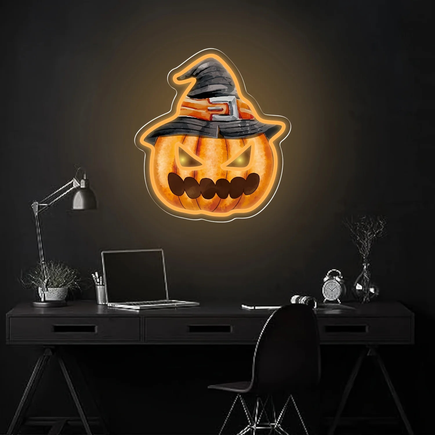 Sombrero Cabeza de calabaza Decoración de luz nocturna de neón de Halloween, fiesta de cumpleaños en el hogar Dormitorio Decoración navideña de Halloween para barra de cerveza