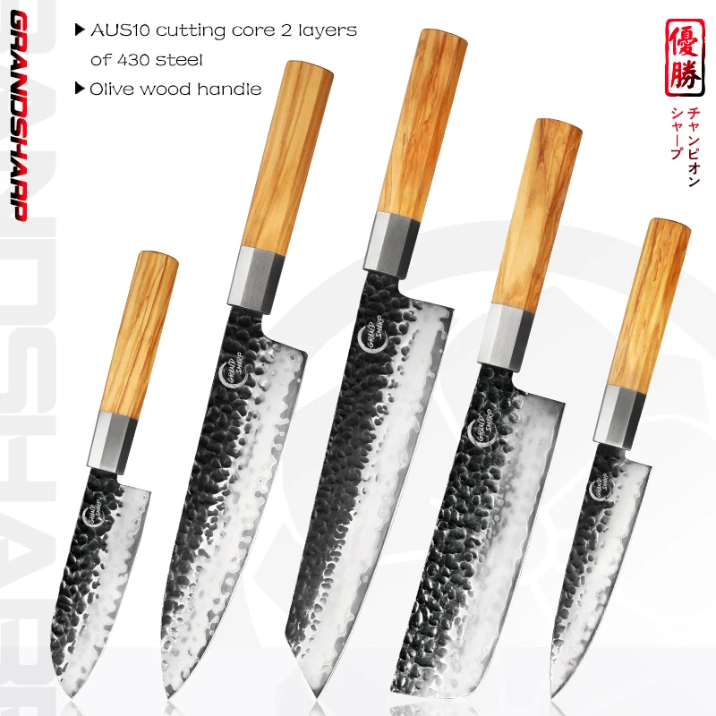 Grandsharp 5 Pcs Chef Knife Set Japanese Kitchen Knives AUS10 Steel Hand Forged Hammered Blade Olive Wood Handle Santoku Nakiri