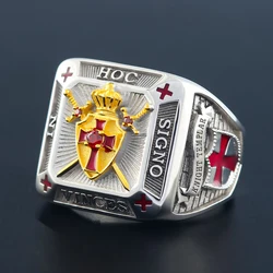 Knights Templar Cross and Crown In Hoc Signo Vinces Crusader Seal Shield Masonic Freemasonry Sterling Silver Ring