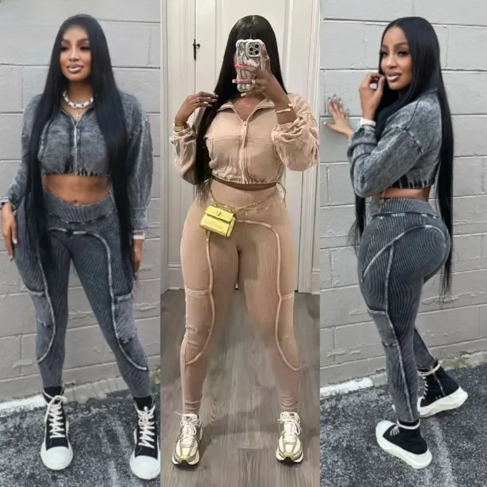 FAGADOER Jesienno-zimowy dwuczęściowy zestaw dla kobiet Casual Lapel Zip Patchwork Crop Top + Legginsy z wysoką talią Joggers Odzież sportowa — zdjęcie 2
