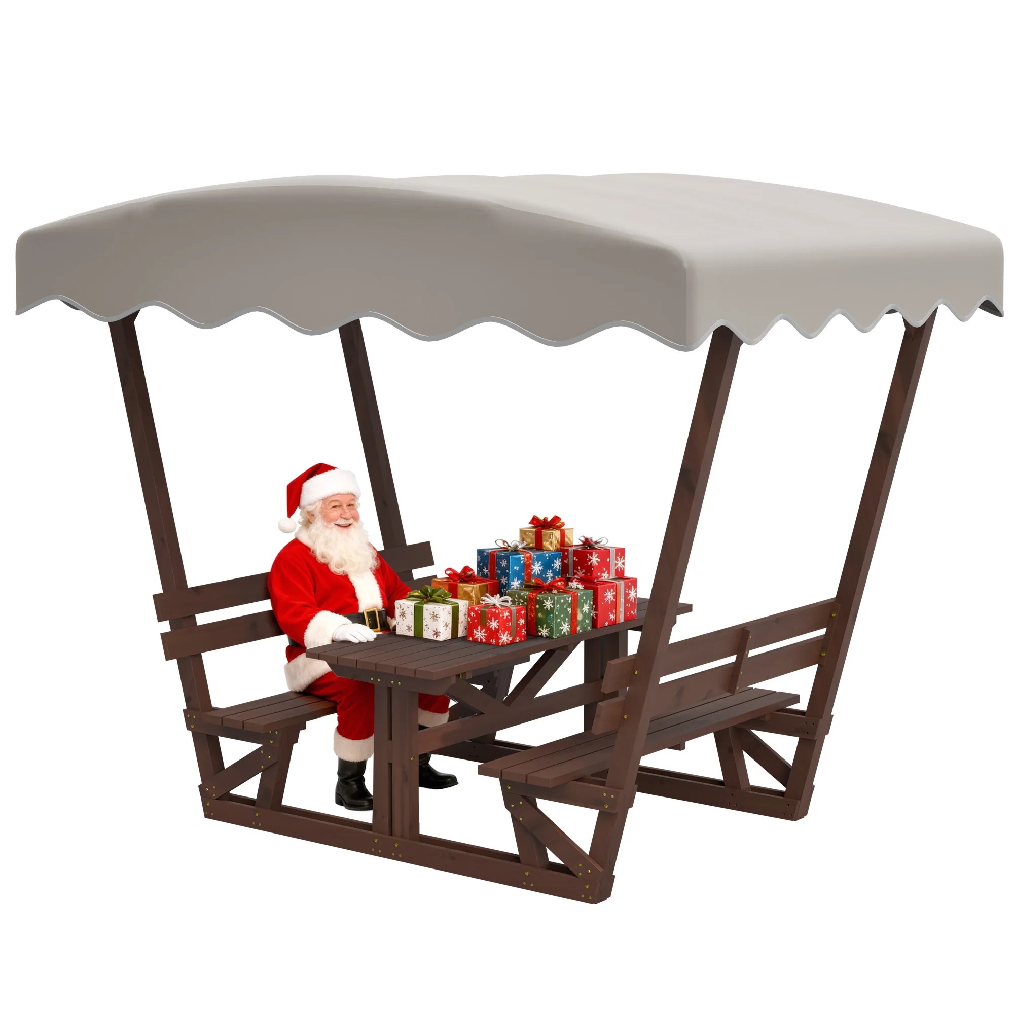 

Outdoor waterproof solid wood picnic table & bench set with removable canopy for all-weather use (Brown + Wood)'