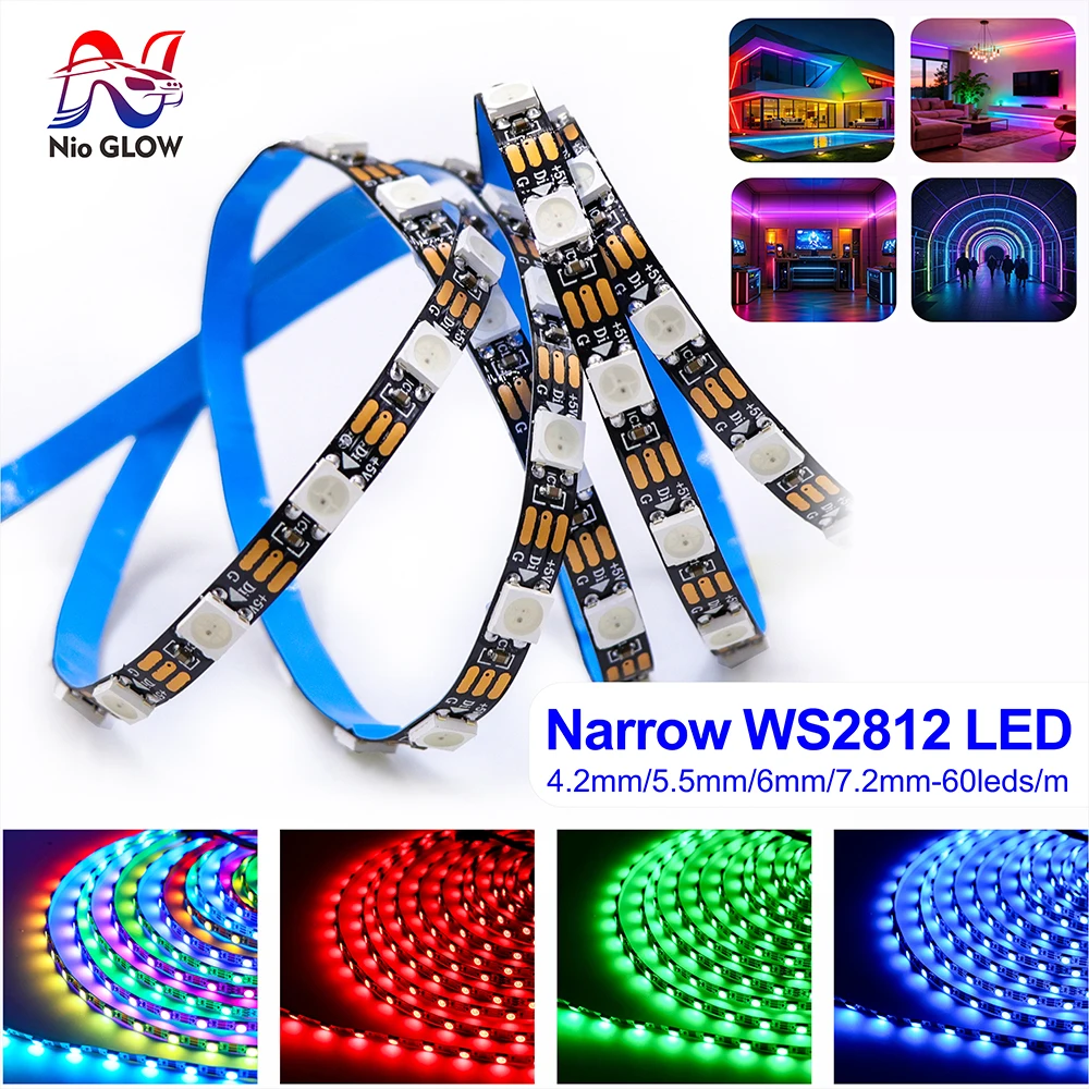 WS2812 Narrow PCB RGB LED Strip DC5V Addressable 4.2mm 5.5mm 7.2mm S-Type 60 144LEDs/m Neon Sign Light WS2812 RGB Addressable 5V