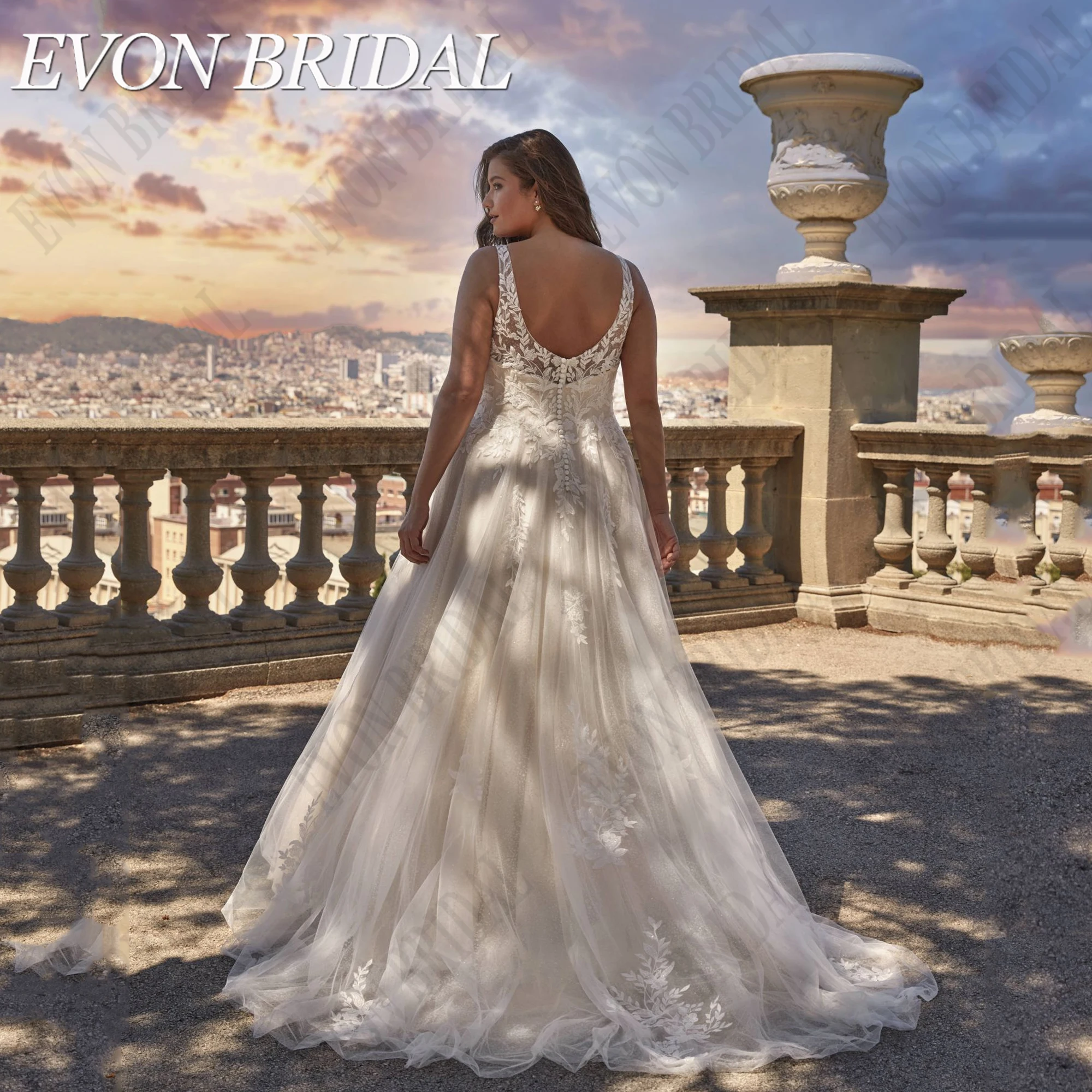 EVON BRIDAL koronkowa suknia ślubna Plus rozmiar rozcięcie z boku brokatowy tiul linia A aplikacja Boho suknie panny młodej bez rękawów Backless niestandardoweEVON BRIDAL Koronka Plus Size Suknia ślubna Side Split Glit