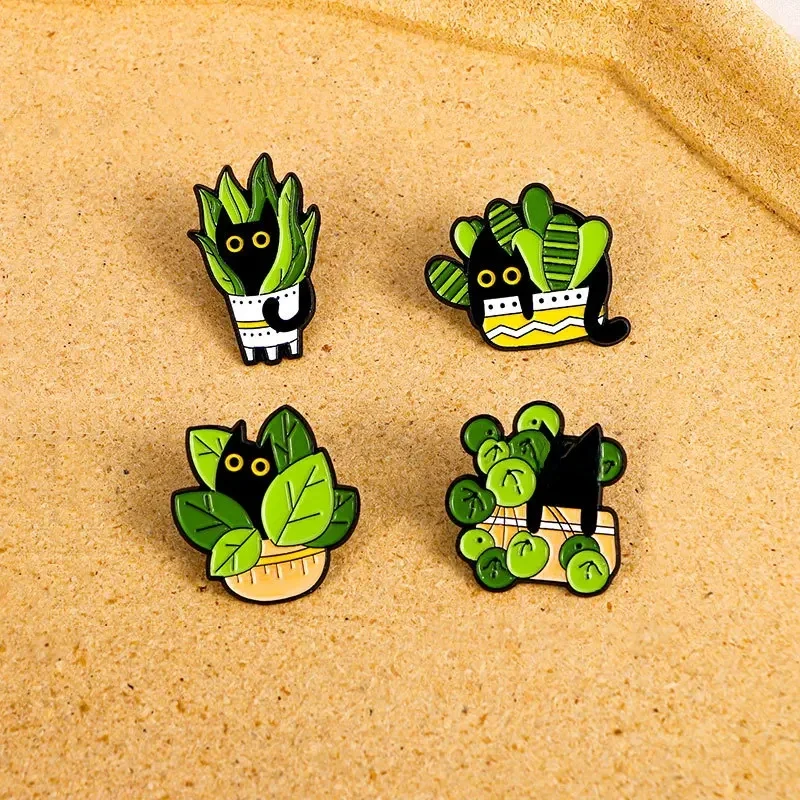 NONE Broches en émail pour chats dans des plantes, Badges en métal noir pour plantes en pot, broches à revers, bijoux amusants pour plantes d'animaux, cadeau sur sac à dos pour enfants 3