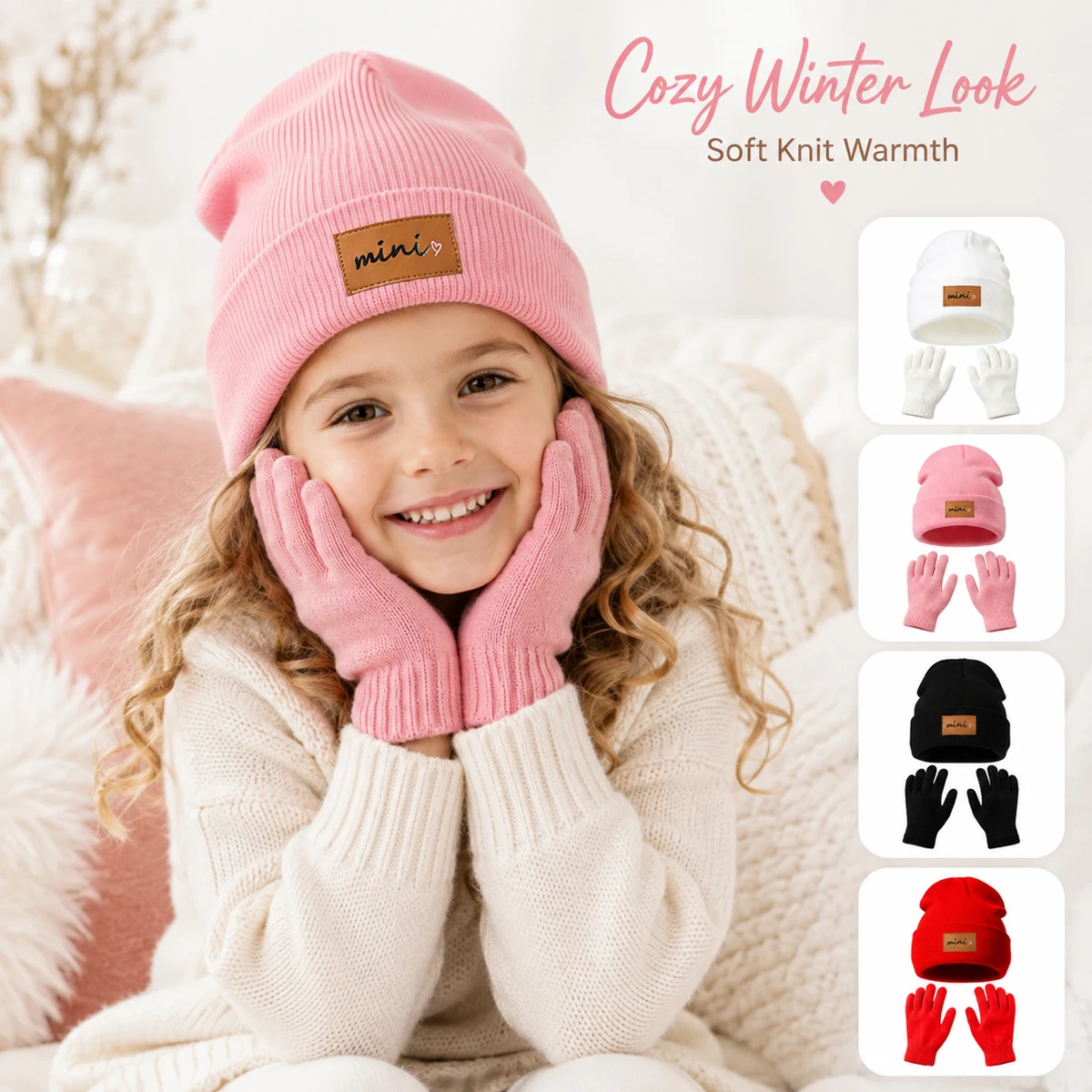 2pcs Set Kids Winter Beanie Hat And Gloves Set, Soft Knit Warm Hat With Matching Stretch Gloves For Girls Boys Mini Label Design