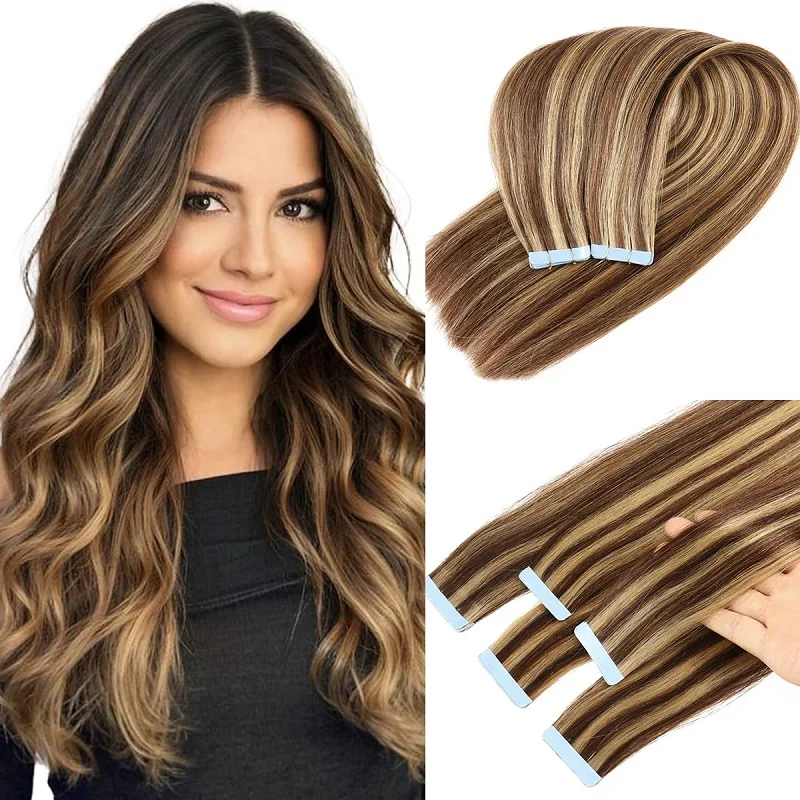 Alimice Highlight Brown Blonde Tape In Extensions Human Hair Extensions 20pcs 50g Tape In Real Human Hair