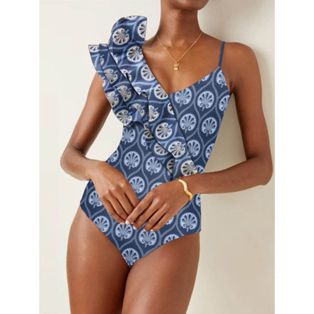 

Fashion Print Ruffle One-Piece Swimsuit Asymmetrical Holiday Beachwear Designer Bathing Suit Summer Surf Wear