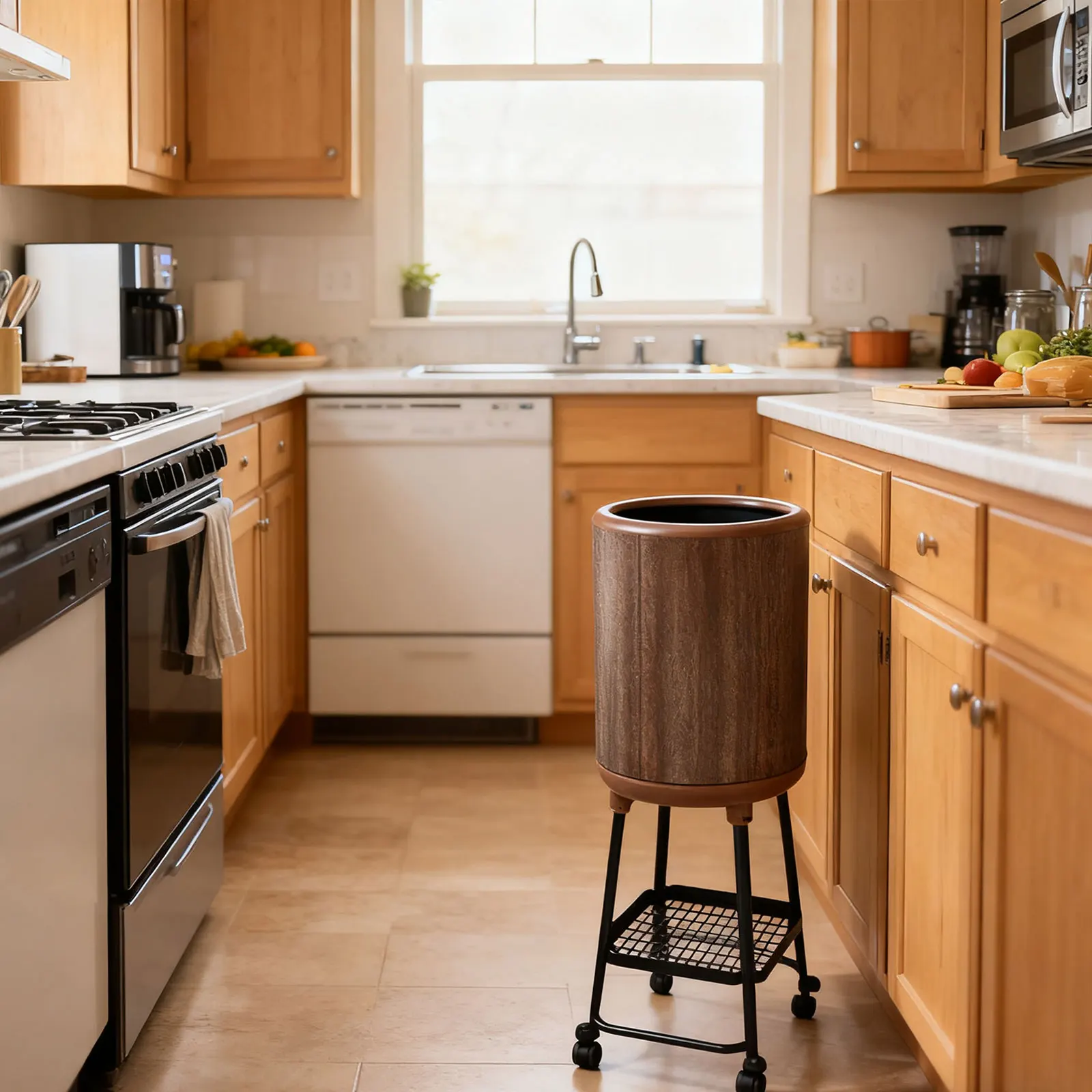 

Trash Can with Wheels Garbage Bin 18L High-Capacity Minimalist Waste Basket Home Stylish No-Bending Kitchen Garbage Bin