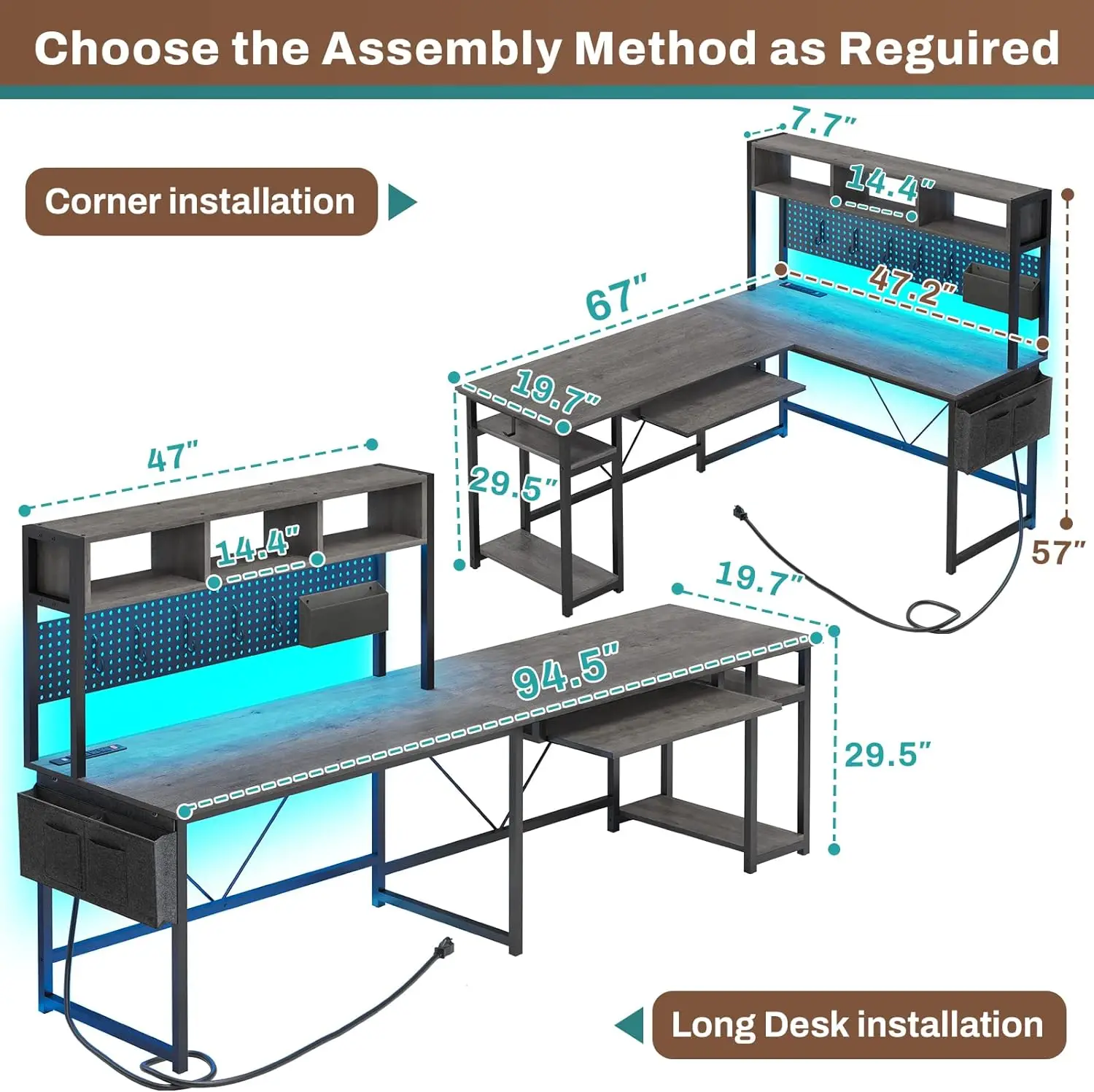 Geformter Schreibtisch, 94,5 Zoll Home-Office-Schreibtisch mit Steckdose und Steck brett, l-förmiger Gaming-Schreibtisch mit LED-Licht, Tastatur ablage