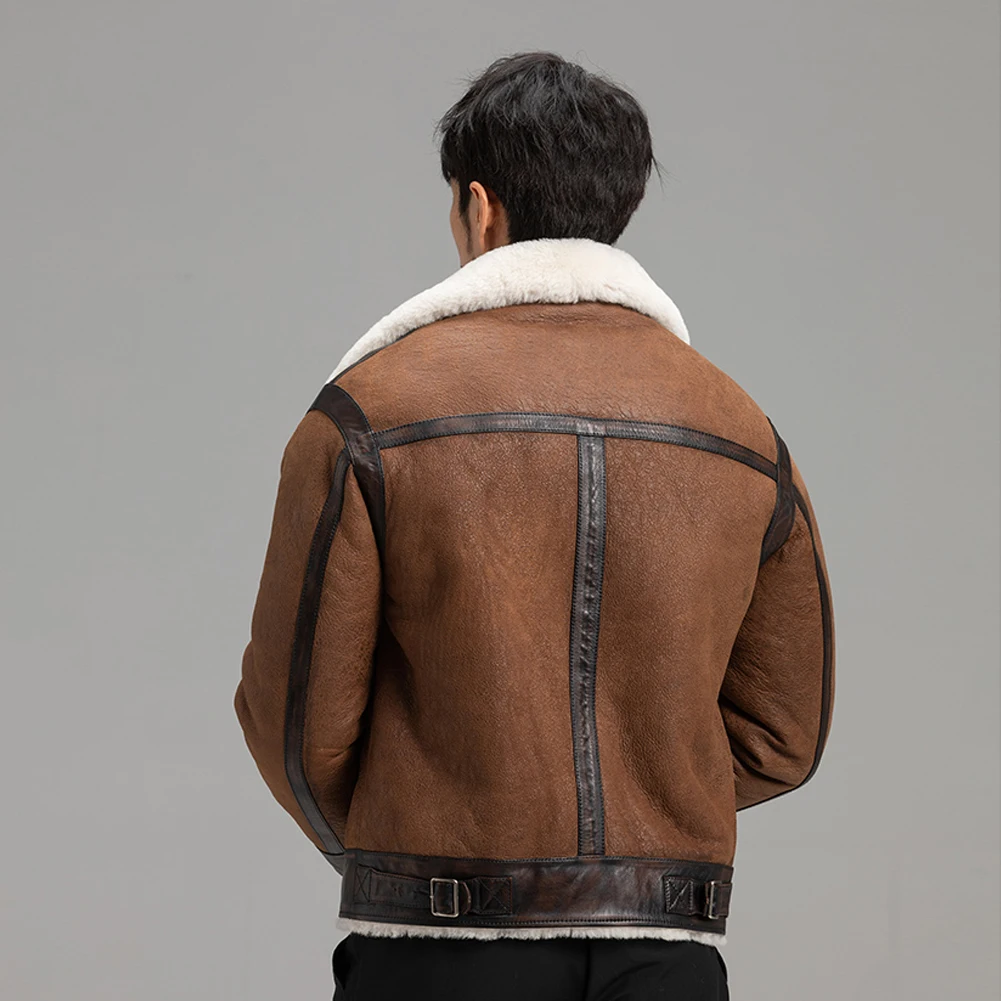 Denny&Dora Men's Brown Shearling Jacket Warm Winter Sheepskin B3 Flight Jacket Classic Cozy Outerwear for Men