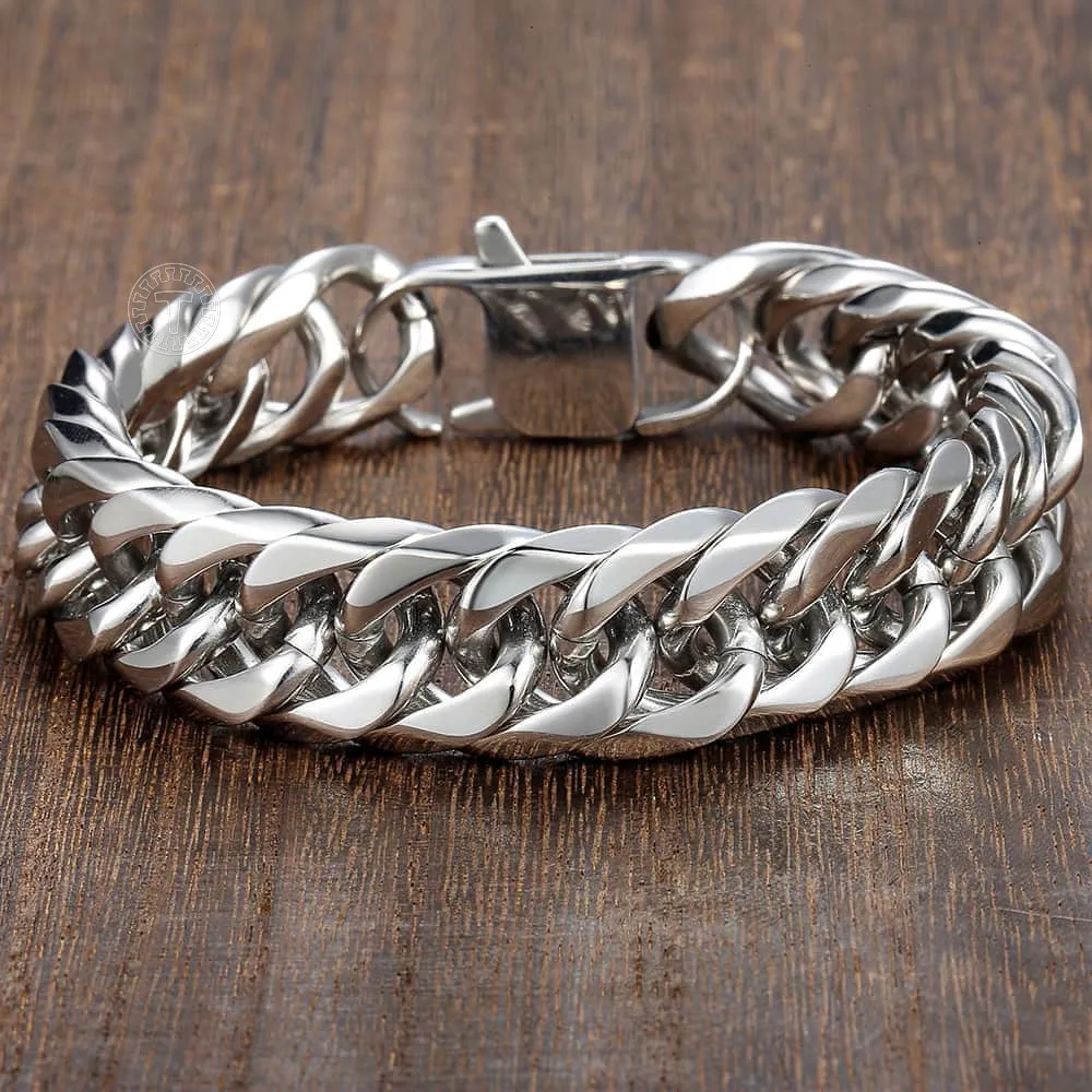 

15mm Wide Heavy Silver Color Double Curb Cuban Link Rombo Mens Chain Boys 316L Stainless Steel Bracelet Jewelry