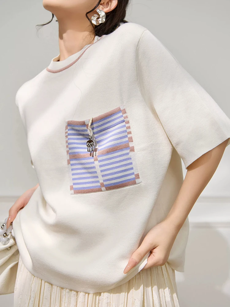 Women Cream Pocket T Shirt Striped Patch Pocket Short Sleeve Loose Fit Casual Knit Top Minimalist French Style Summer Blouse