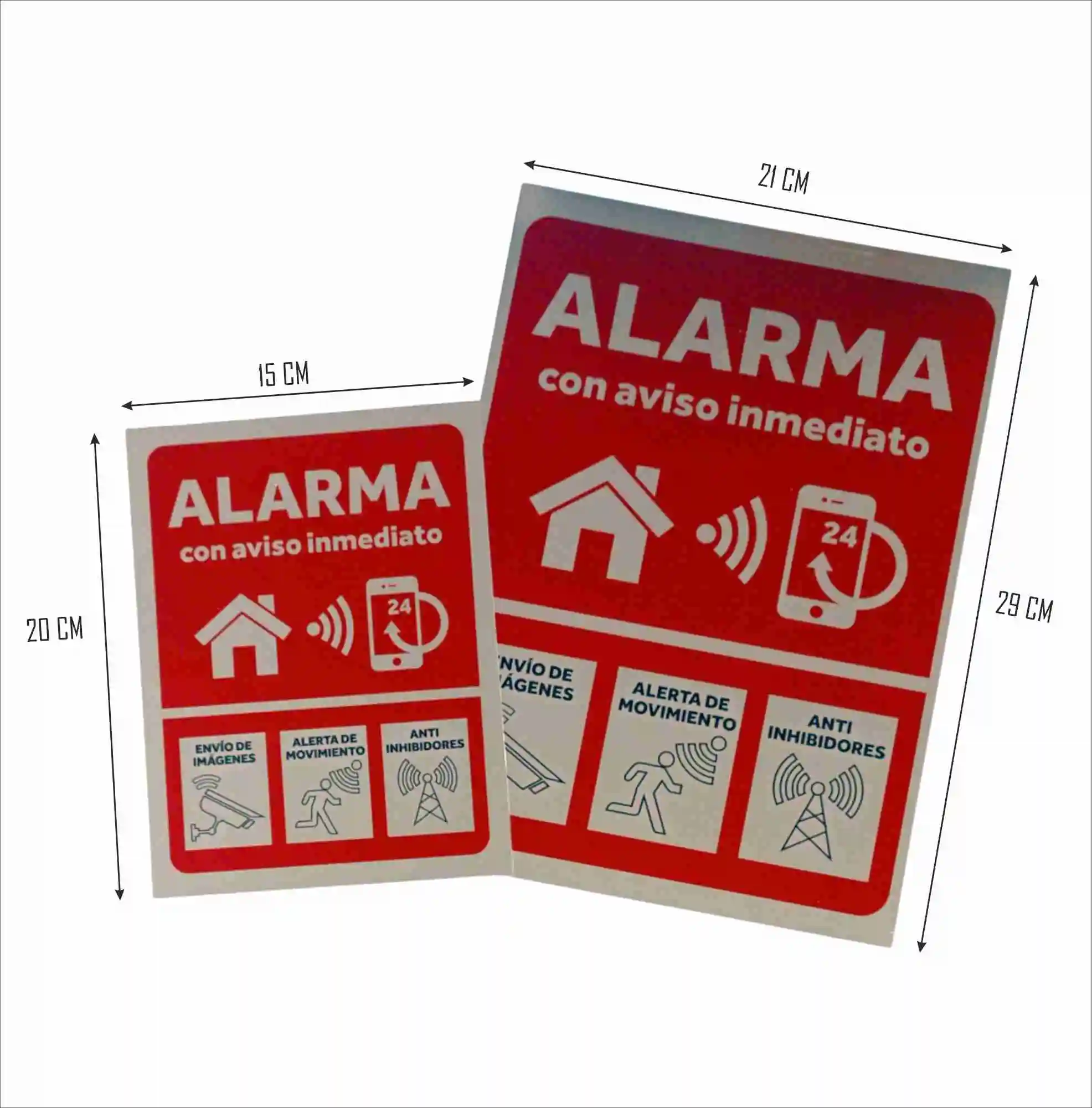 Pack 2 Connected Alarm Sign, Metal Effect, Rigid Sign 21 X 29 cm + 15 X 20 cm Resistant Material, Exteriors Shipping from Spain