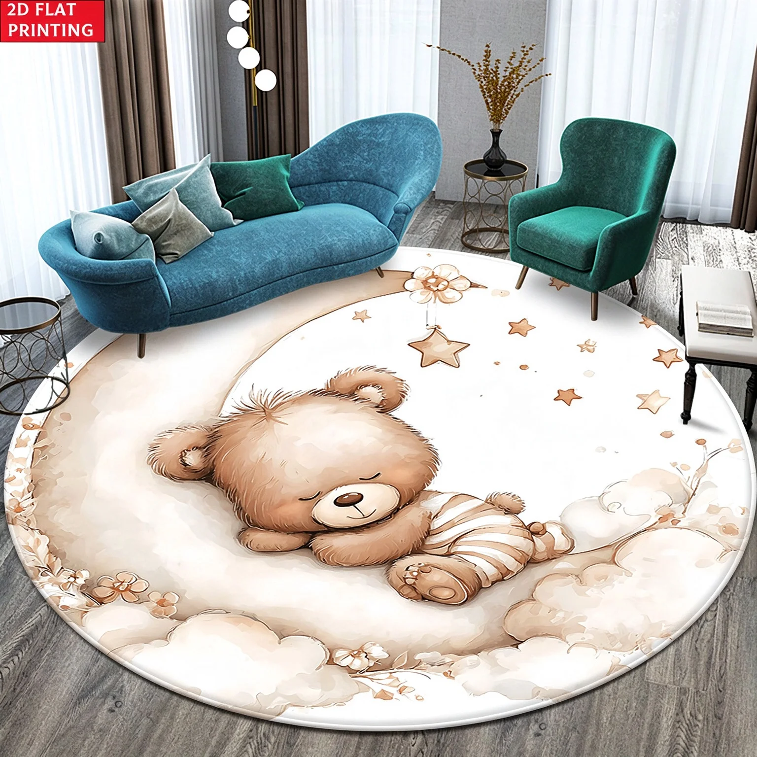 2D Flat 1pc Teddy Bear on Moon HD Round Floor Mat, Suitable for Entryway, Living Room Decorative Mats, Holiday Decoration Carpets