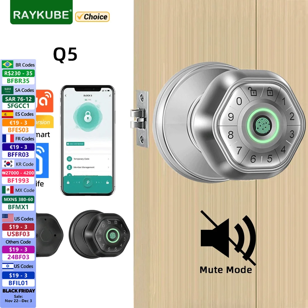 RAYKUBE Q5 Tuya BLE Smart Fingerprint Door Lock Electronic Lock with Password/Key/Smartlife/Tuya APP Unlock For Bedroom