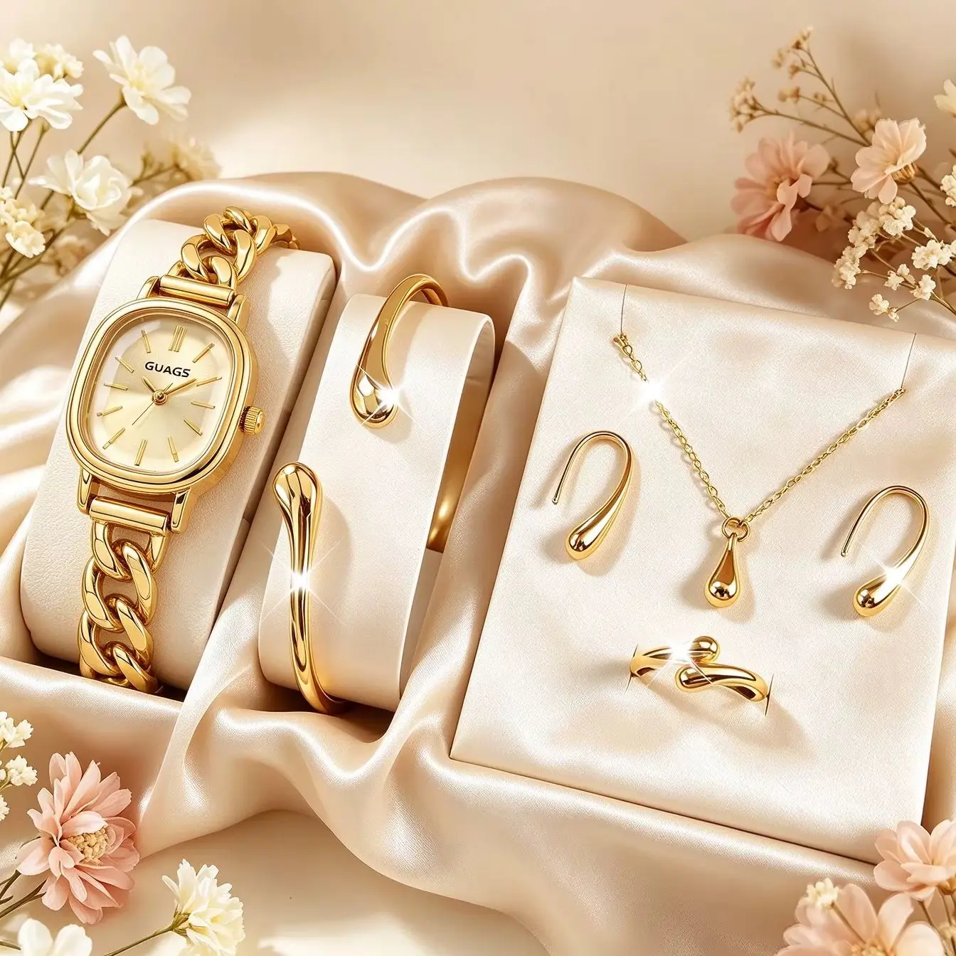 Women's 6-Piece Set of Gold-Tone Watches with Jewelry Set, Including Necklace, Earrings, and Ring Accessories, Elegant Alloy Accessories, Ideal for Daily Wear, Parties, Weddings, Holidays, and as a Gift for Birthdays, Weddings, and Anniversaries