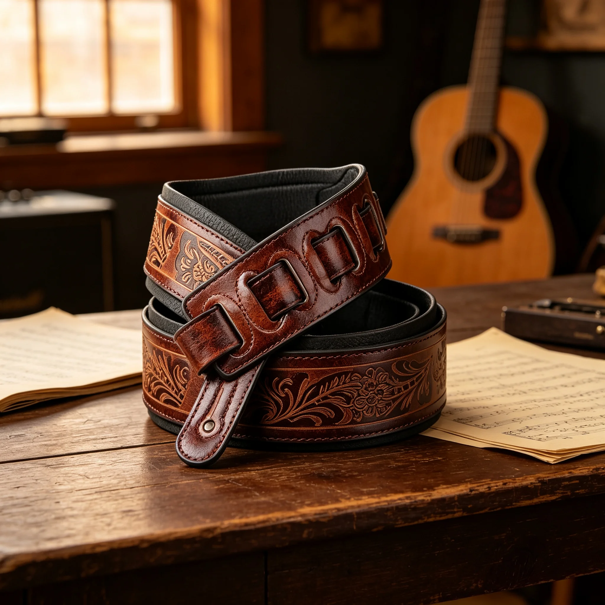 Premium Leather Guitar Strap, Padded Adjustable Guitar Shoulder Strap, Vintage Brown Style Guitar Accessories for Acoustic Electric Bass