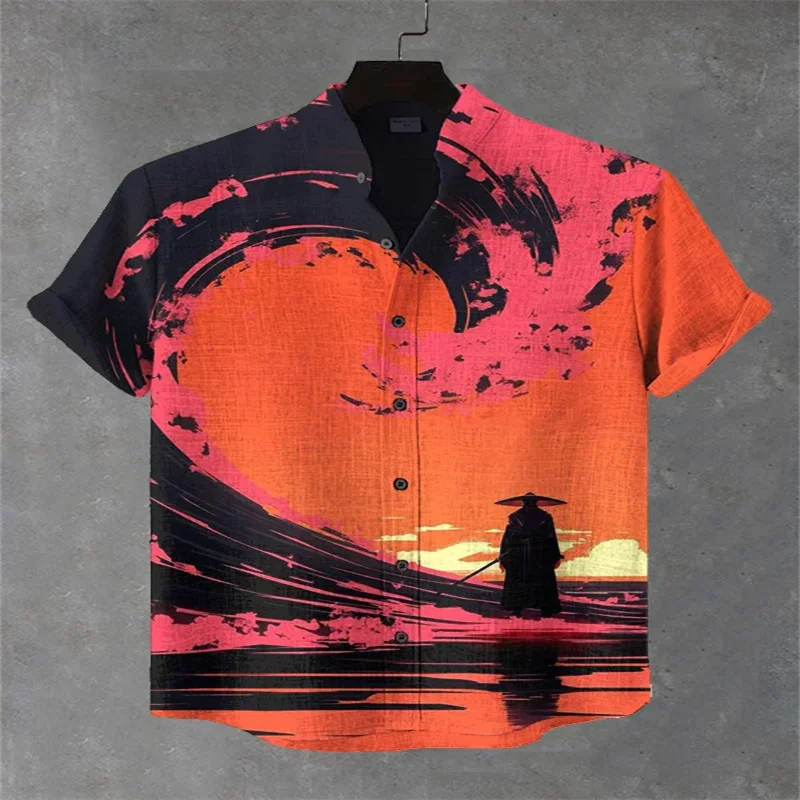 Men's short-sleeved shirt with samurai ink painting print, loose and breathable casual top, fashionable retro Hawaiian shirt des