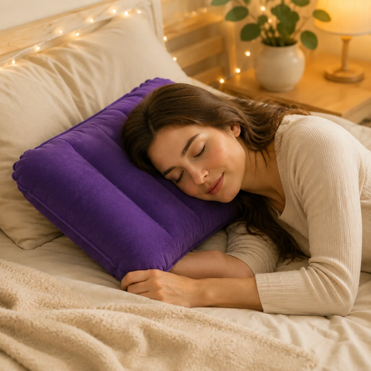 Inflatable Flocked Pillow Soft Portable Travel Camping Pillow for Indoor Outdoor Home Bed Sofa Car Neck Support  Selling view 2