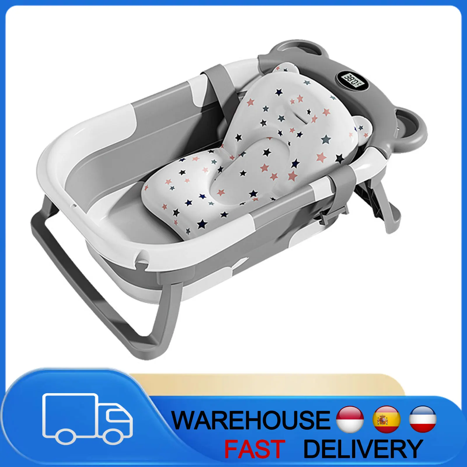 Bañera para bebé, plegable con termómetro integrado, antideslizante, ducha de viaje portátil, accesorios de baño para bebé para recién nacidos