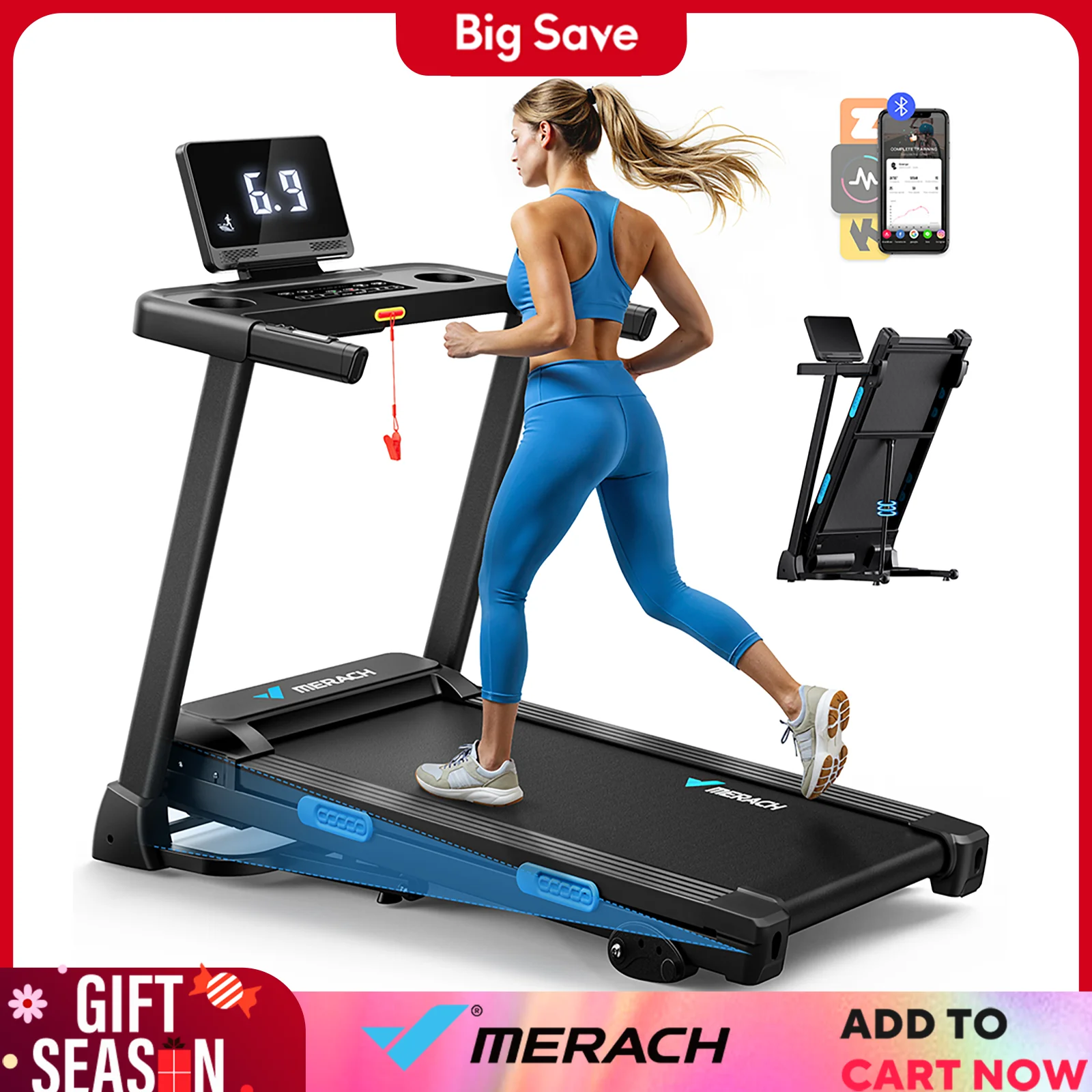 MERACH Foldable Treadmill with Incline Quiet Treadmills Double Deck Technology 4 Silicone Shock Cushion Heart Rate Monitoring