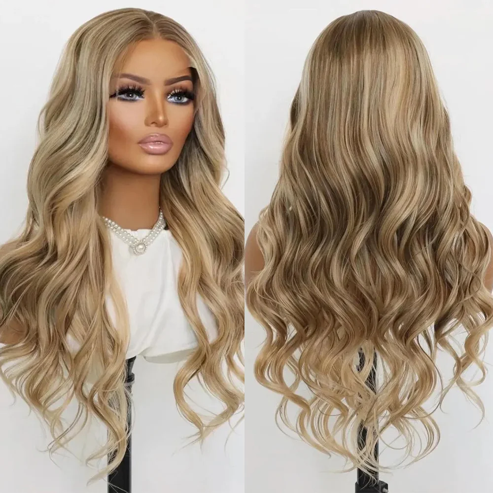 HD Lace Frontal Wig Ash Brown with Light Blonde Highlights Balayage 24 Inches Waves Money Piece Natural Hair Wig Synthetic Fibre