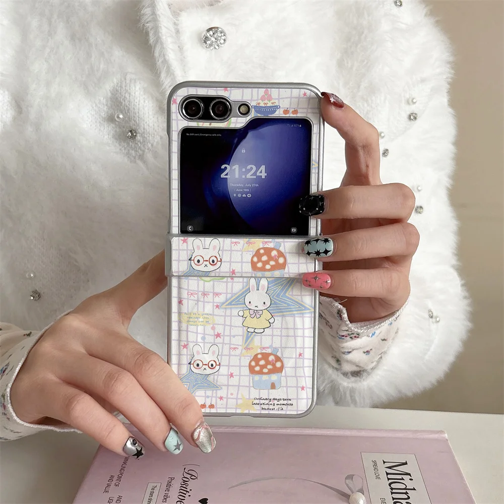Cute Miffy Bunny Glasses Star Mushroom Plaid Pattern Magnetic PU Leather Phone Case For Samsung Z Flip 8 7 6 5 4 Full Hinge Anti