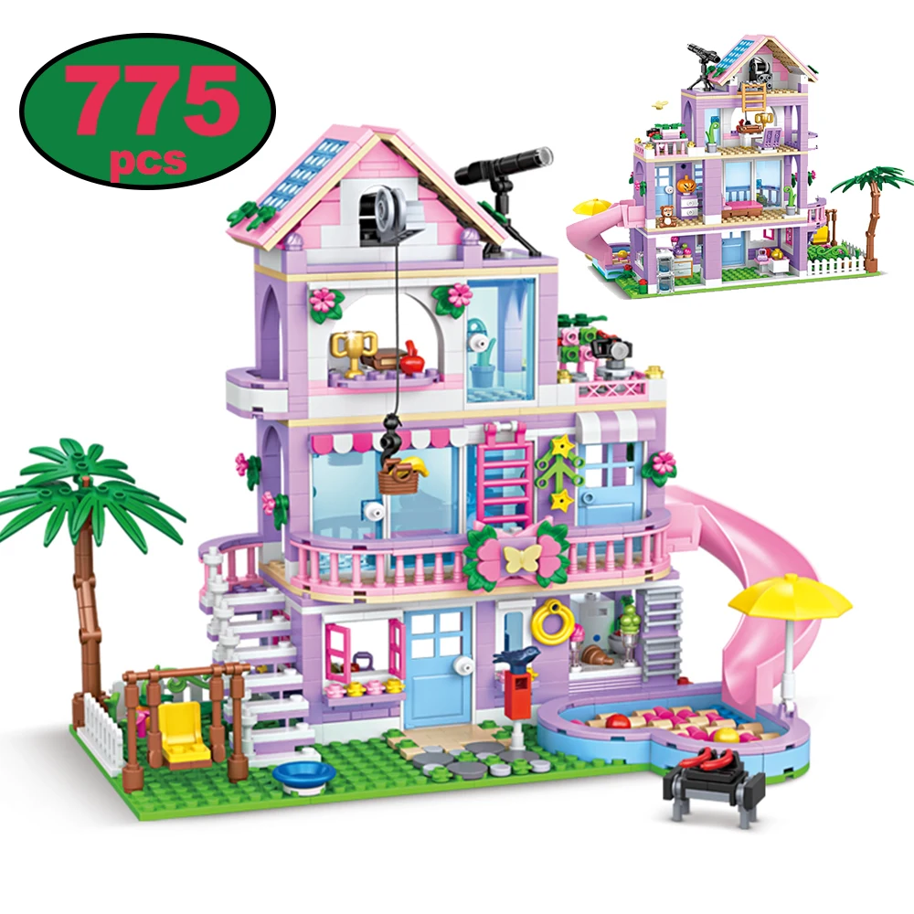 

775PCS City Street View Building Blocks MOC Girl's Villa Three-Story Building Coconut Tree Slide Bricks Toys for Kids DIY Gifts