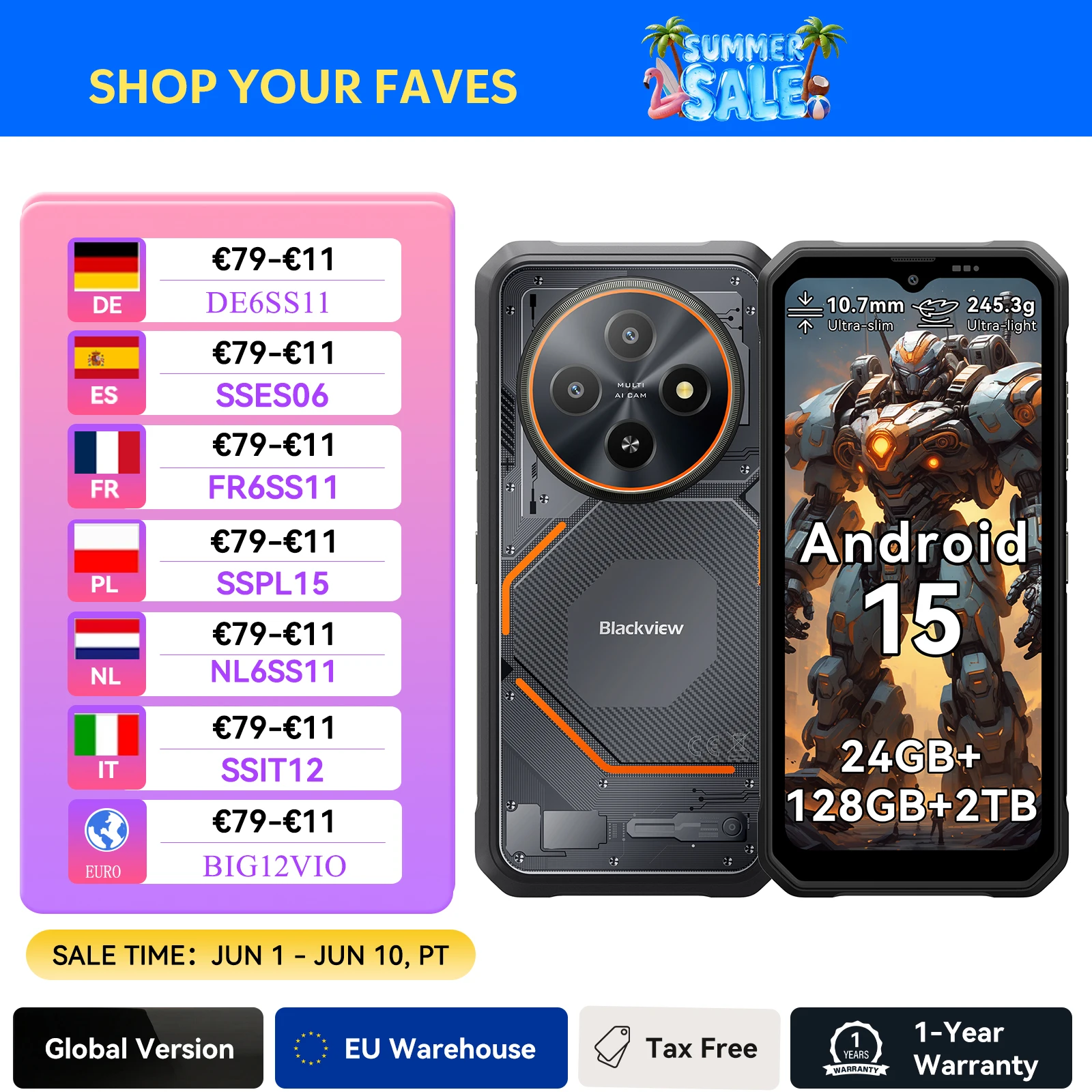 Blackview Rock 1 Android 16 Outdoor Mobile Phone, 24GB + 256GB/2TB Outdoor Smartphone, 15000mAh,6.56 Inch HD+, IP68 Waterproof