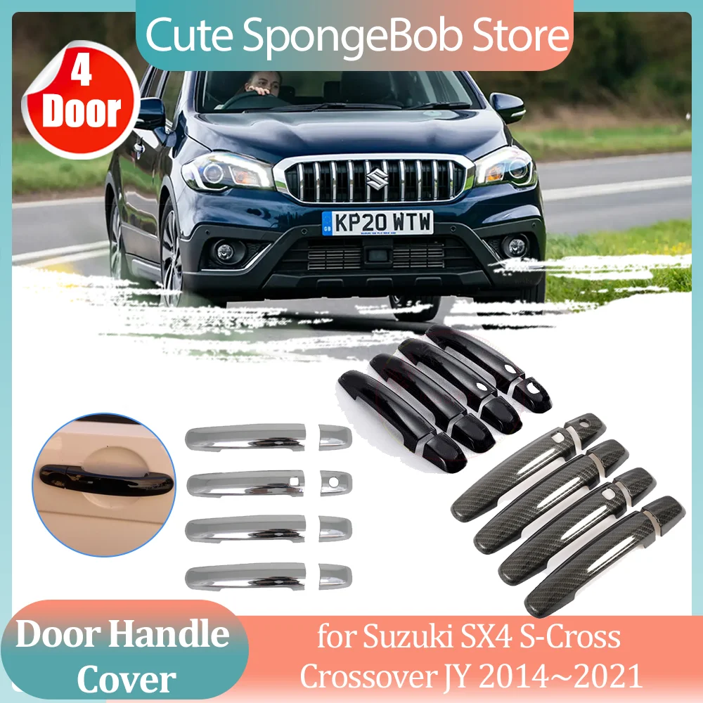 Car Handle Cover for Suzuki SX4 S-Cross Crossover JY 2014~2021 Carbon Fiber Black Door Sticker Trim Strip Cap Decor Accessories