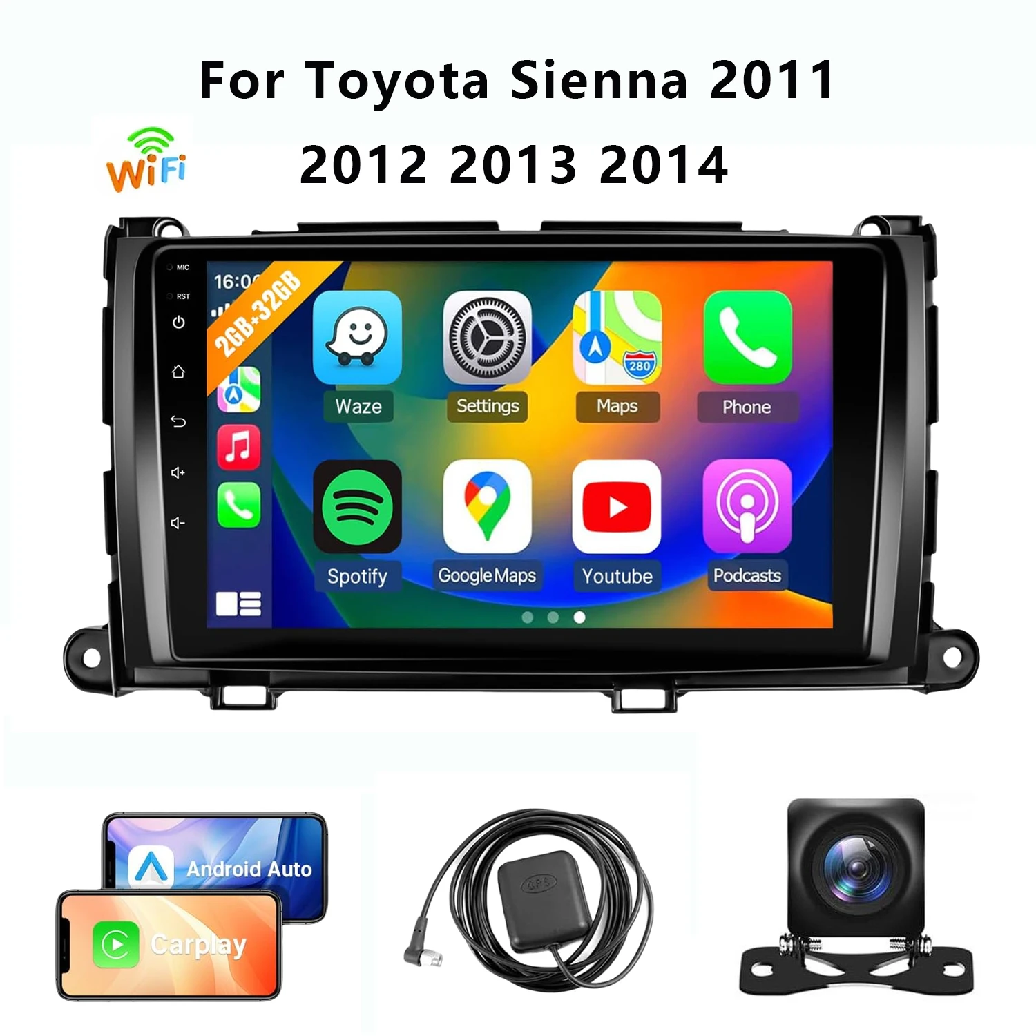 9 "bezprzewodowe samochodowe stereo dla Toyota Sienna 2011-2014 CarPlay Android Auto 2G + 32G ekran dotykowy samochodowy odtwarzacz wideo z kamerą cofania